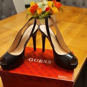 Guess Glossy Black Slingback Heels